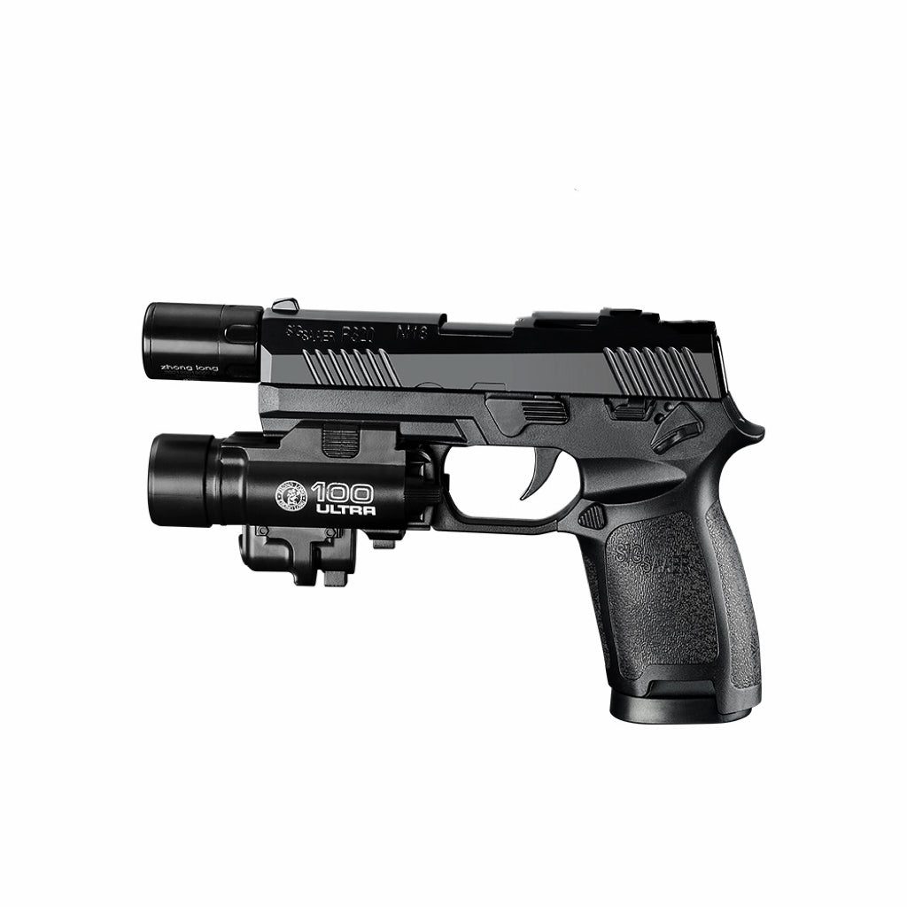 Black P320 M18-style refillable butane lighter with mounted light and front metal attachment, side view on white background