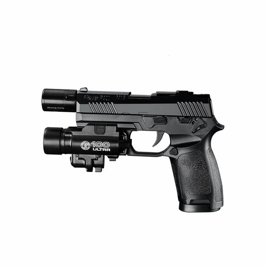 Black P320 M18-style refillable butane lighter with mounted light and front metal attachment, side view on white background