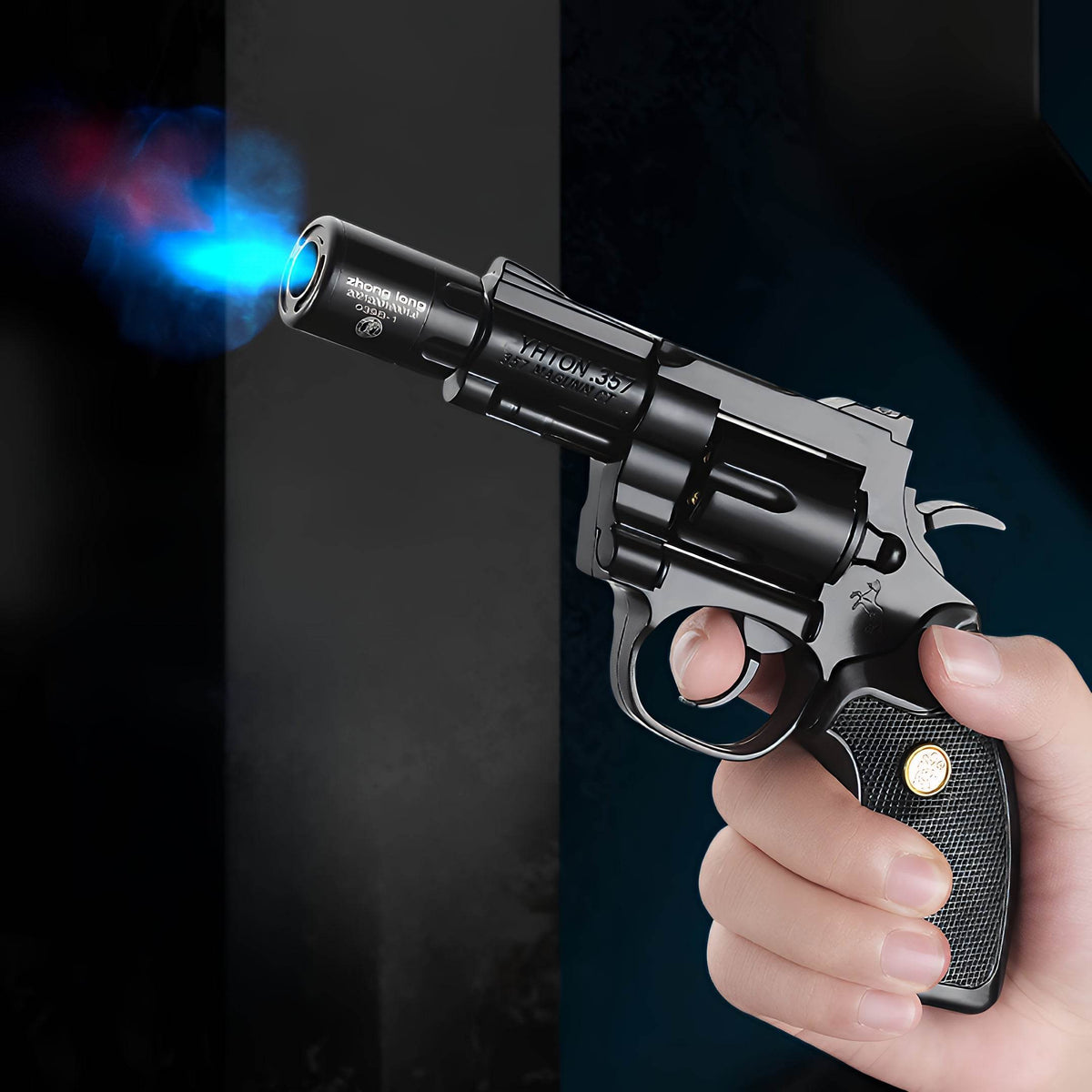 Hand holding the ergonomic Python Revolver Lighter