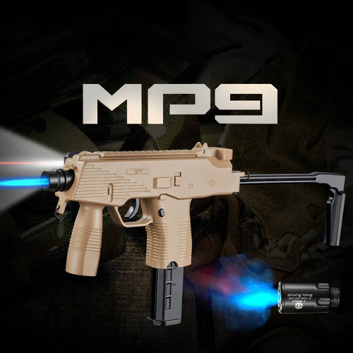 MP9 Submachine Gun Lighter in tan color with windproof blue jet flame