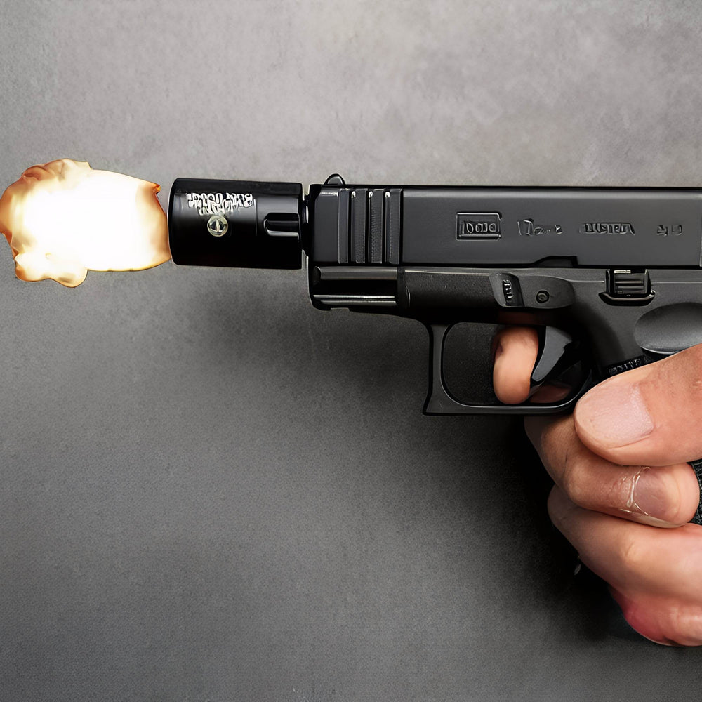 Hand holding Glock 17 Pistol Lighter demonstrating movable slide action