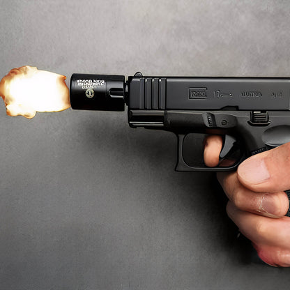 Hand holding Glock 17 Pistol Lighter demonstrating movable slide action