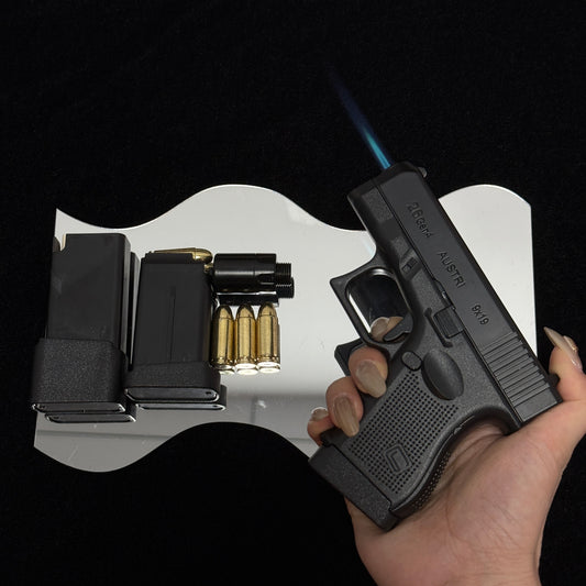 Black G26-style refillable jet lighter, side view