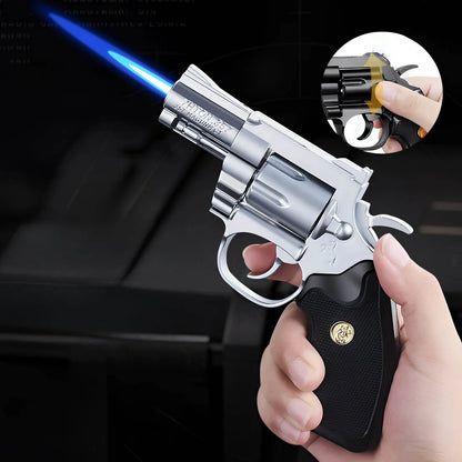 Silver Python-style refillable jet lighter producing a blue flame in a short product demonstration video.